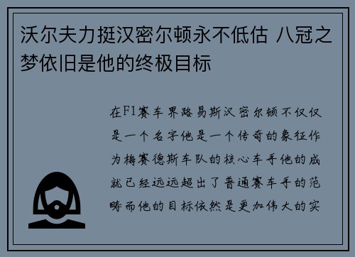 沃尔夫力挺汉密尔顿永不低估 八冠之梦依旧是他的终极目标