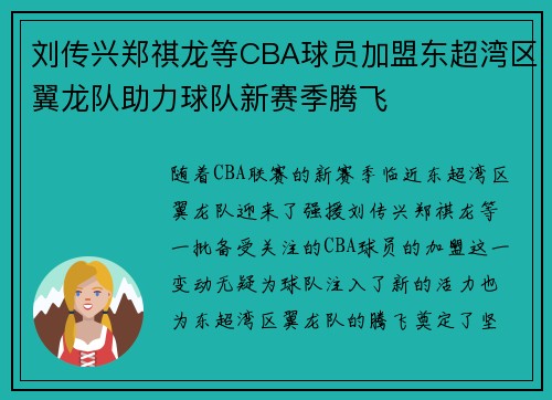 刘传兴郑祺龙等CBA球员加盟东超湾区翼龙队助力球队新赛季腾飞